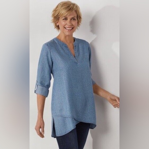 Soft Surroundings Blue Leopard Timeless Crossover Long Sleeve Tunic Tencel 2X - Picture 3 of 9
